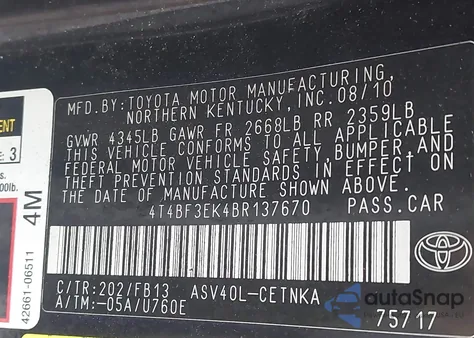 2011 Toyota Camry Le z USA, uszkodzony, nr VIN 4T4BF3EK4BR137670